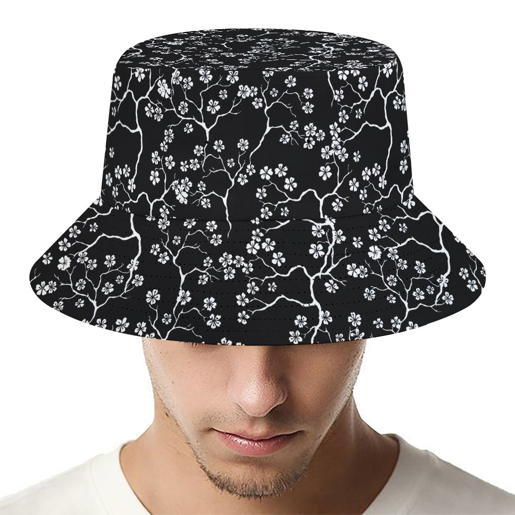 Black And White Cherry Blossom Print Bucket Hat