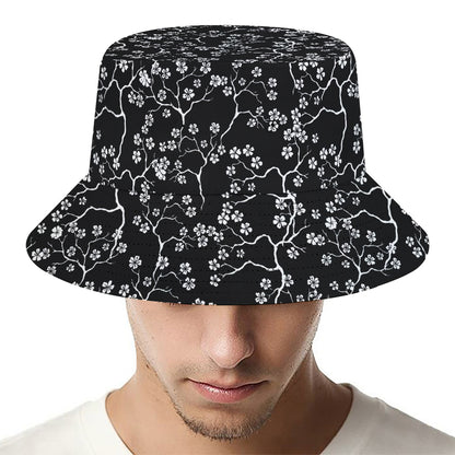 Black And White Cherry Blossom Print Bucket Hat