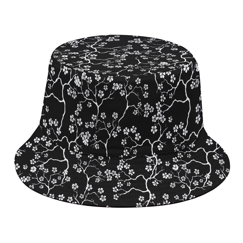 Black And White Cherry Blossom Print Bucket Hat