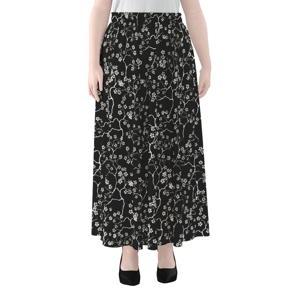 Black And White Cherry Blossom Print Chiffon Maxi Skirt