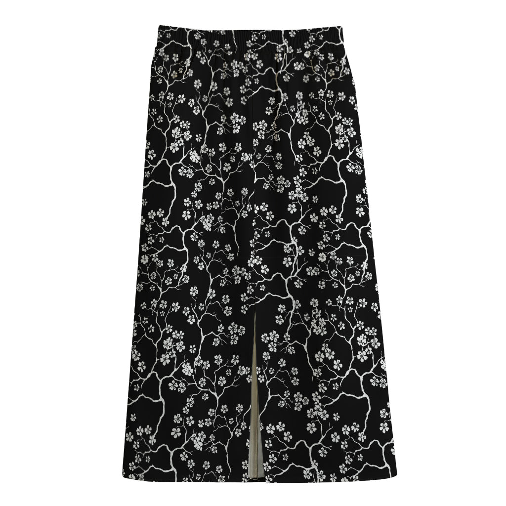 Black And White Cherry Blossom Print Cotton Front Slit Maxi Skirt