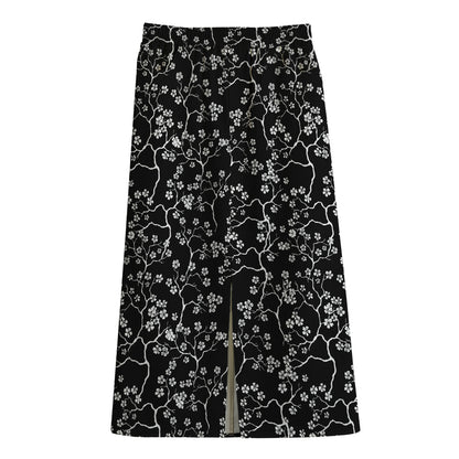 Black And White Cherry Blossom Print Cotton Front Slit Maxi Skirt