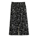 Black And White Cherry Blossom Print Cotton Front Slit Maxi Skirt