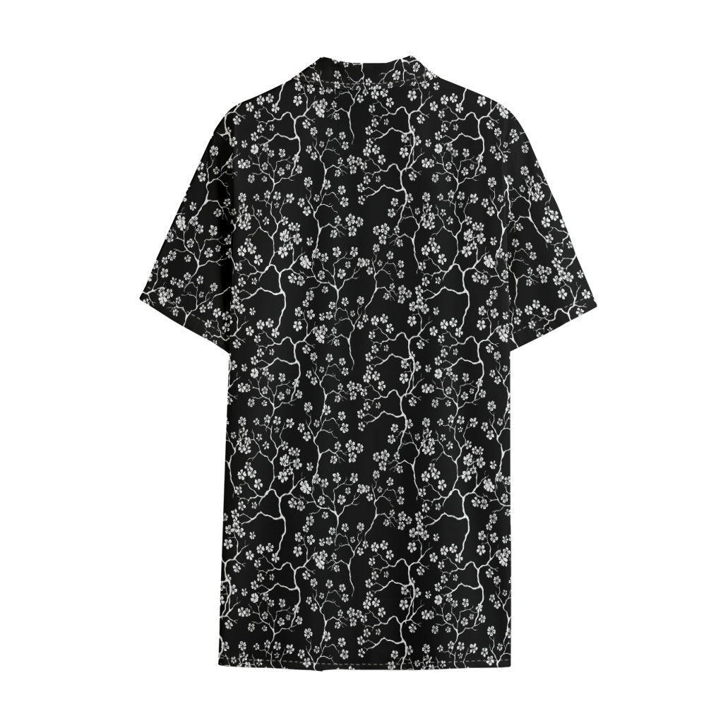 Black And White Cherry Blossom Print Cotton Hawaiian Shirt