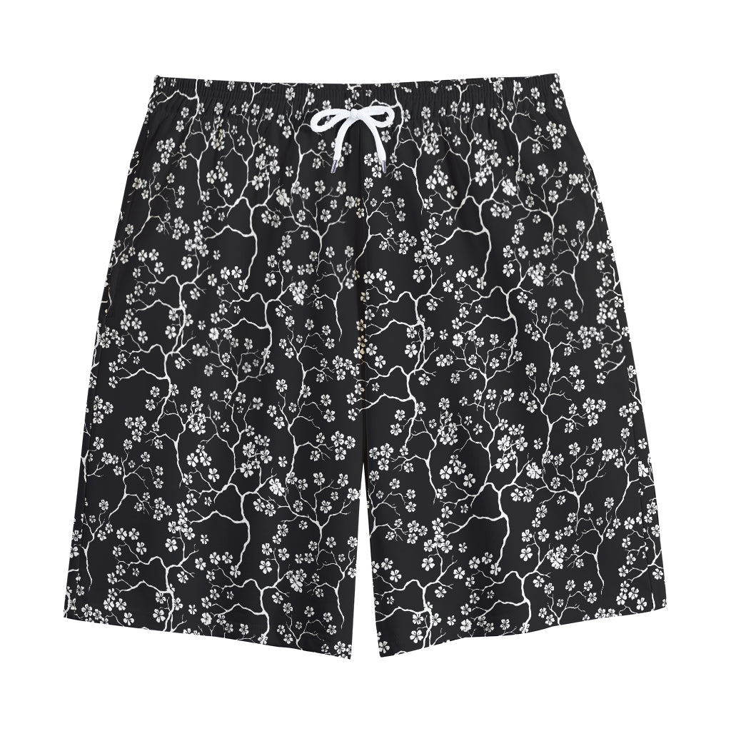 Black And White Cherry Blossom Print Cotton Shorts