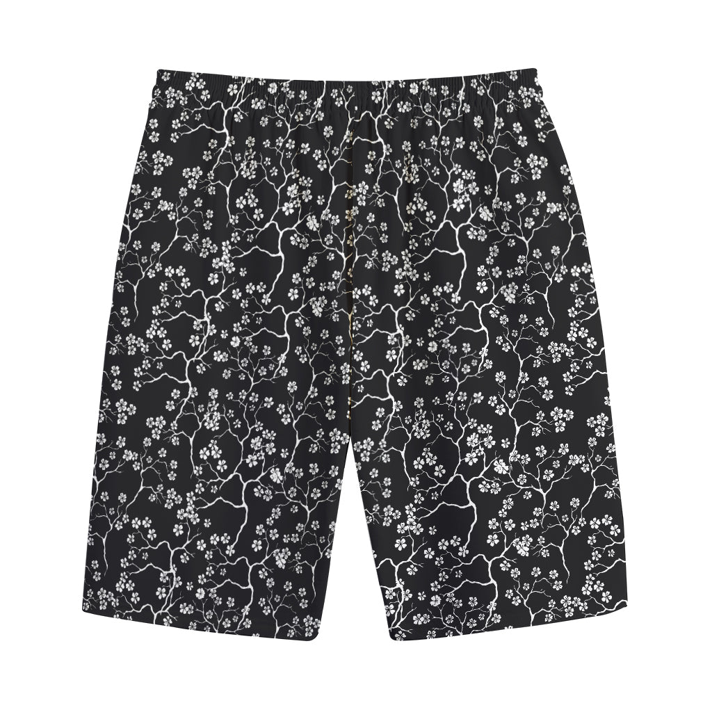 Black And White Cherry Blossom Print Cotton Shorts