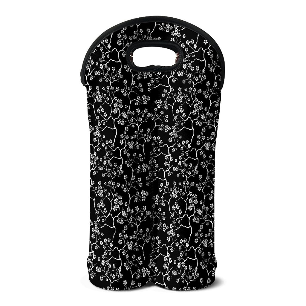 Black And White Cherry Blossom Print Double Neoprene Wine Tote