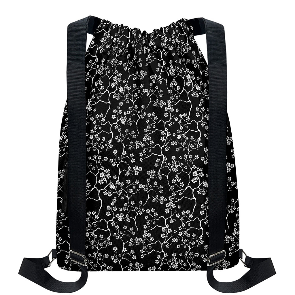 Black And White Cherry Blossom Print Drawstring Backpack
