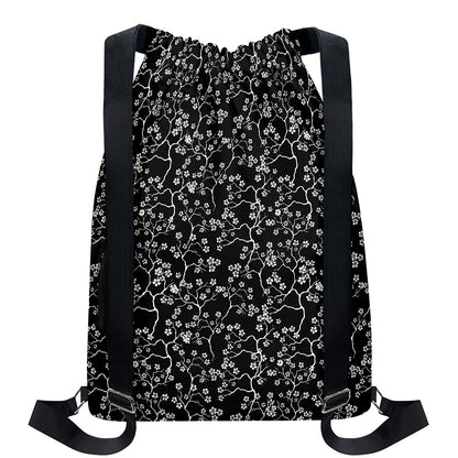 Black And White Cherry Blossom Print Drawstring Backpack