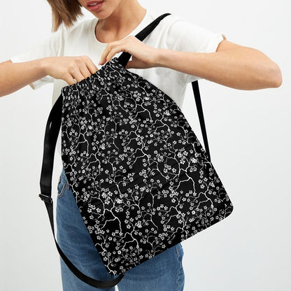 Black And White Cherry Blossom Print Drawstring Backpack