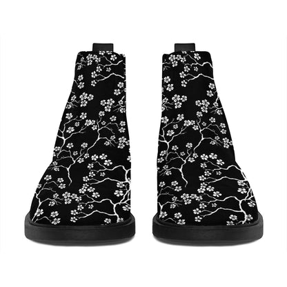 Black And White Cherry Blossom Print Flat Ankle Boots