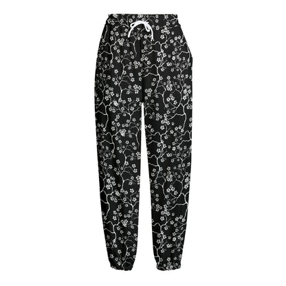 Black And White Cherry Blossom Print Fleece Lined Knit Pants
