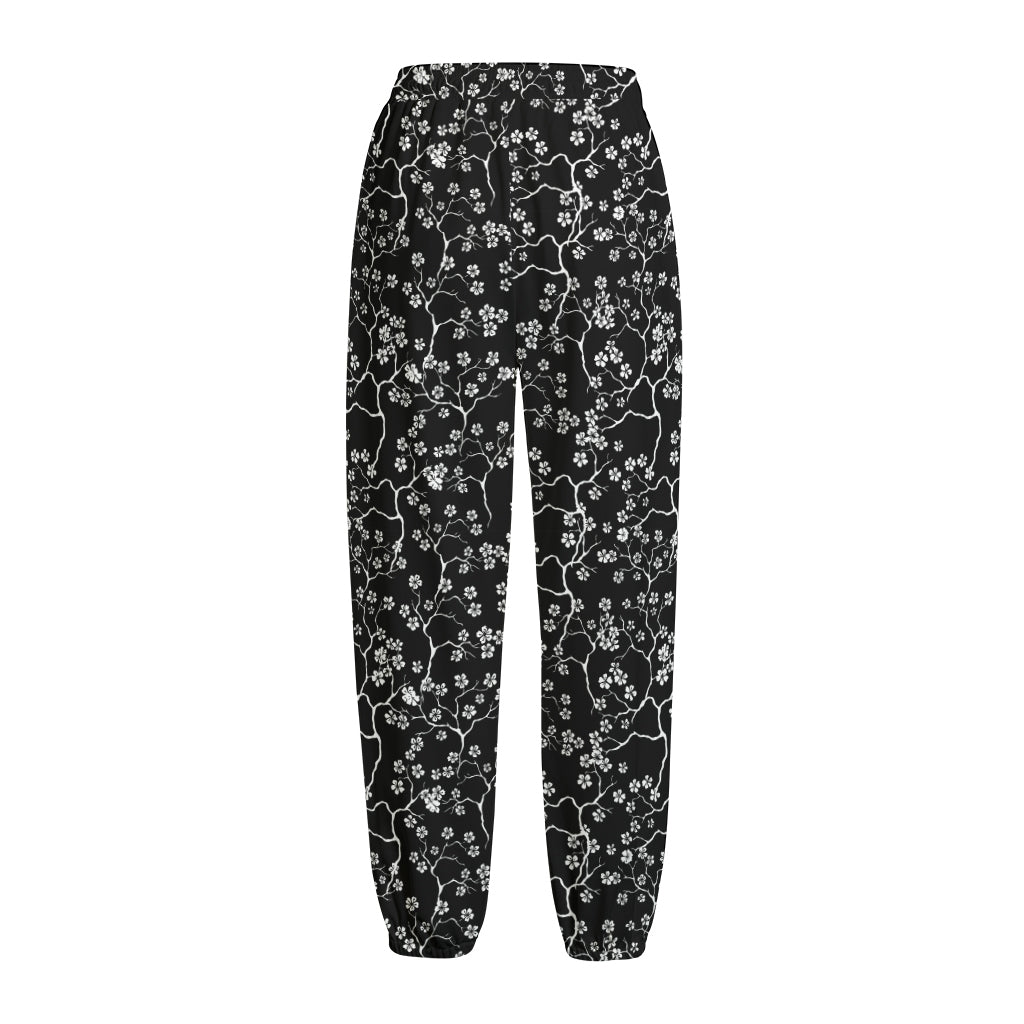 Black And White Cherry Blossom Print Fleece Lined Knit Pants