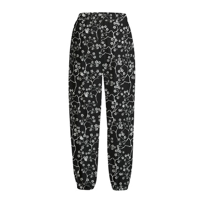 Black And White Cherry Blossom Print Fleece Lined Knit Pants