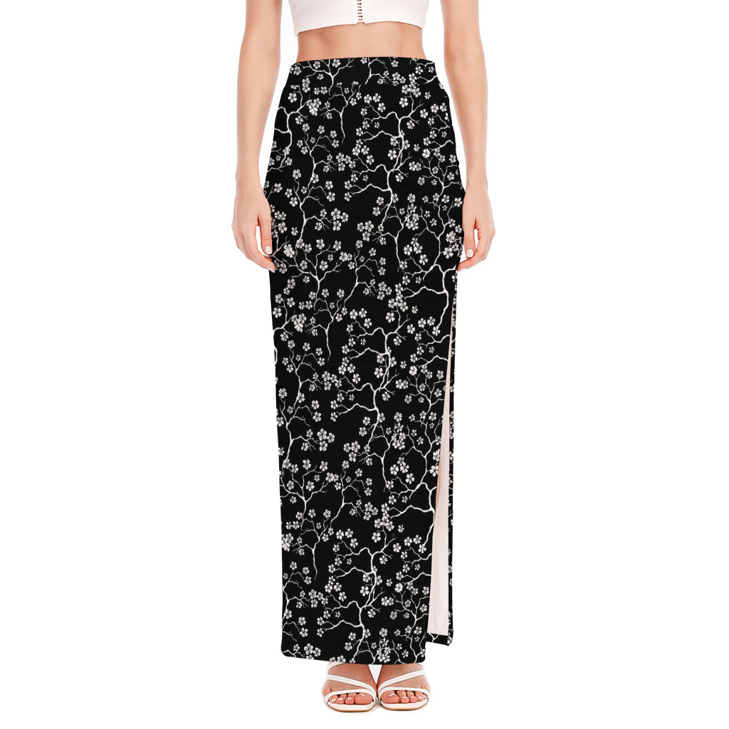 Black And White Cherry Blossom Print High Slit Maxi Skirt