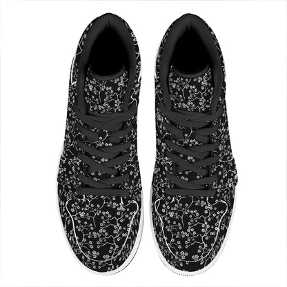 Black And White Cherry Blossom Print High Top Leather Sneakers