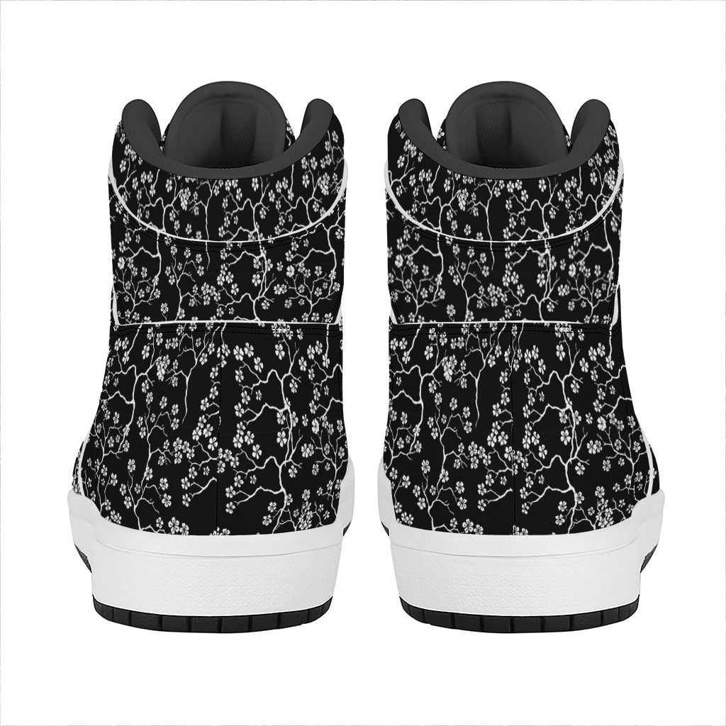Black And White Cherry Blossom Print High Top Leather Sneakers
