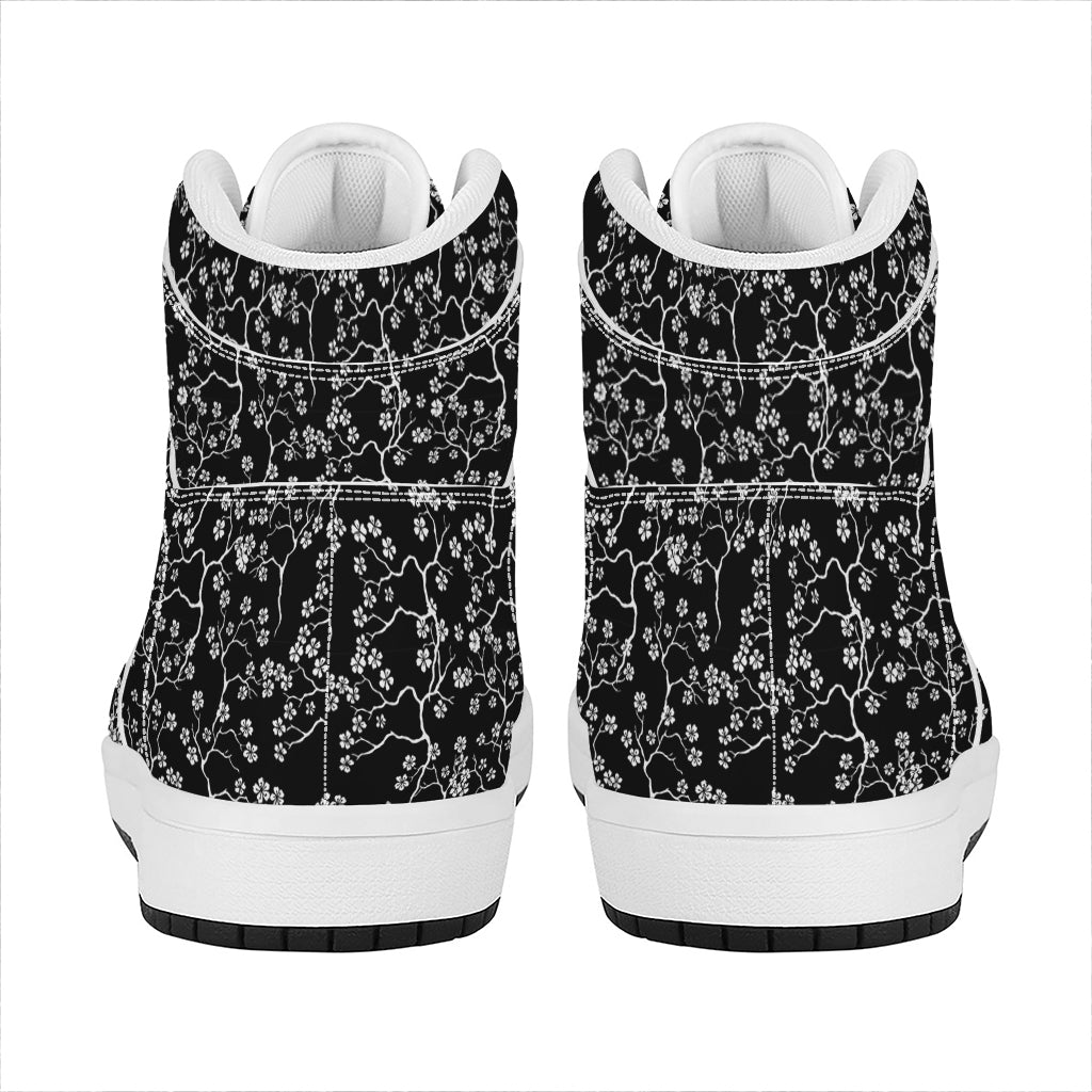 Black And White Cherry Blossom Print High Top Leather Sneakers