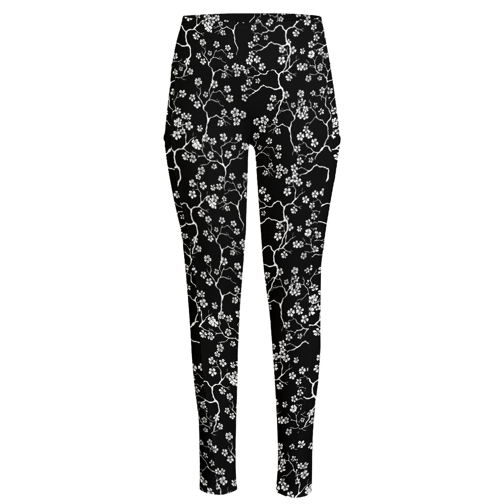 Black And White Cherry Blossom Print High-Waisted Pocket Leggings