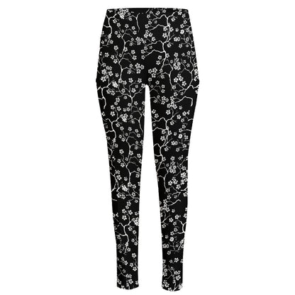 Black And White Cherry Blossom Print High-Waisted Pocket Leggings