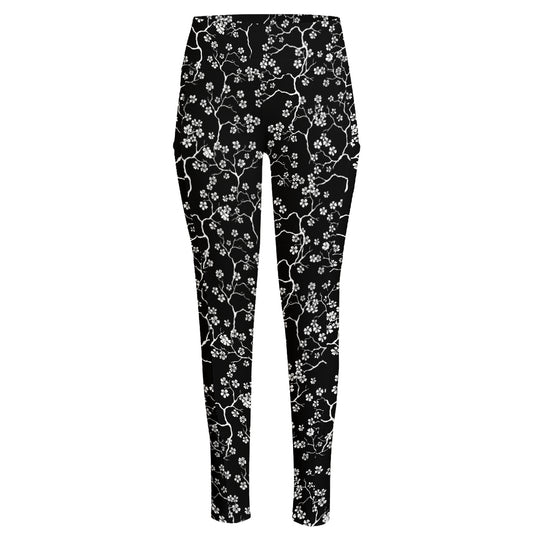 Black And White Cherry Blossom Print High-Waisted Pocket Leggings