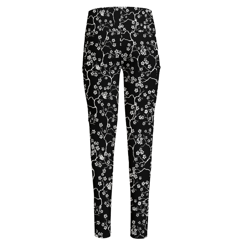 Black And White Cherry Blossom Print High-Waisted Pocket Leggings