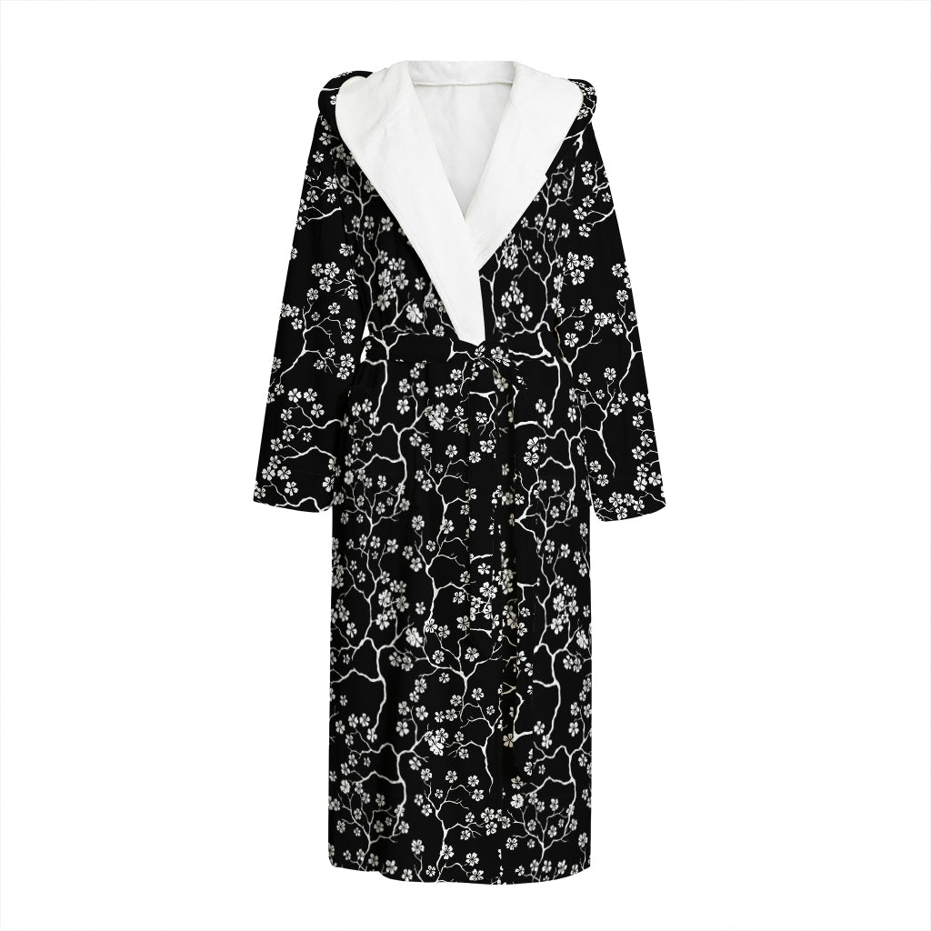 Black And White Cherry Blossom Print Hooded Bathrobe