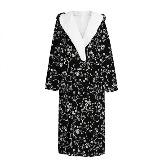 Black And White Cherry Blossom Print Hooded Bathrobe