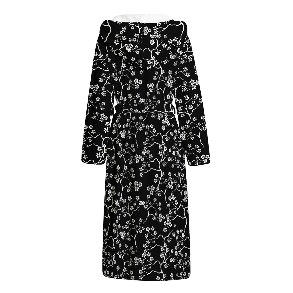 Black And White Cherry Blossom Print Hooded Bathrobe