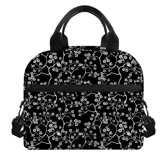 Black And White Cherry Blossom Print Insulated Lunch Bag