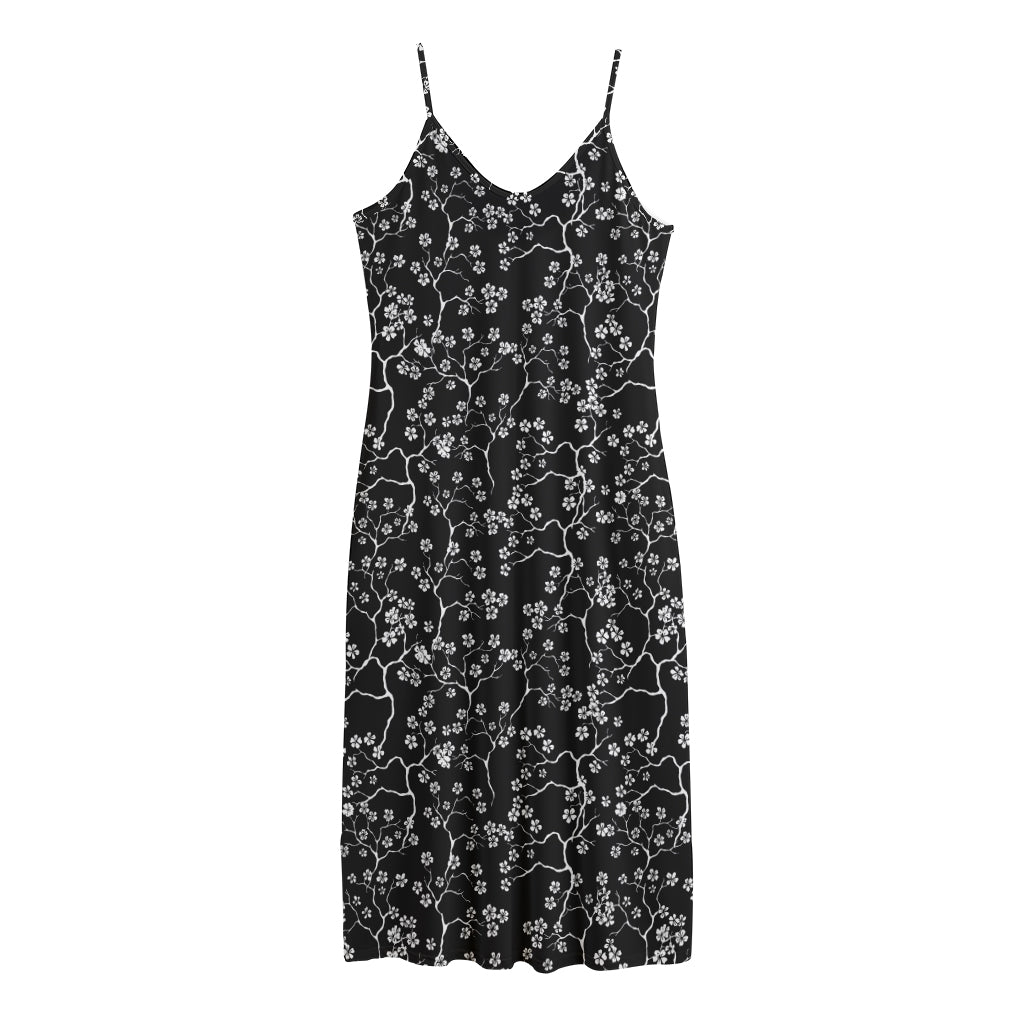 Black And White Cherry Blossom Print Jersey Midi Cami Dress