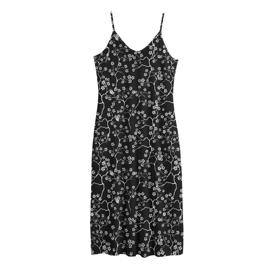 Black And White Cherry Blossom Print Jersey Midi Cami Dress