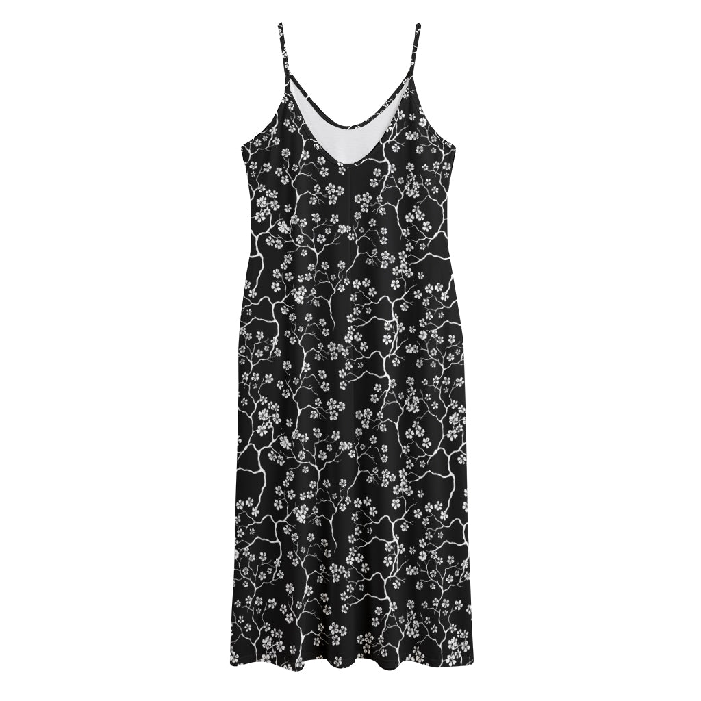 Black And White Cherry Blossom Print Jersey Midi Cami Dress
