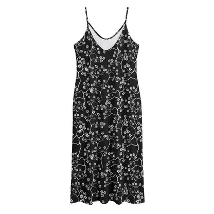 Black And White Cherry Blossom Print Jersey Midi Cami Dress