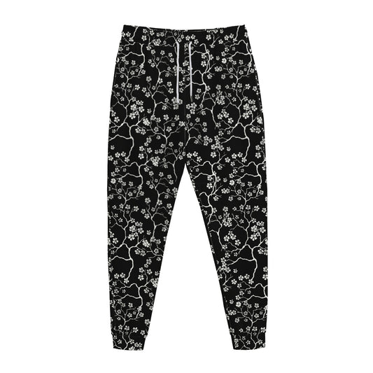 Black And White Cherry Blossom Print Jogger Pants