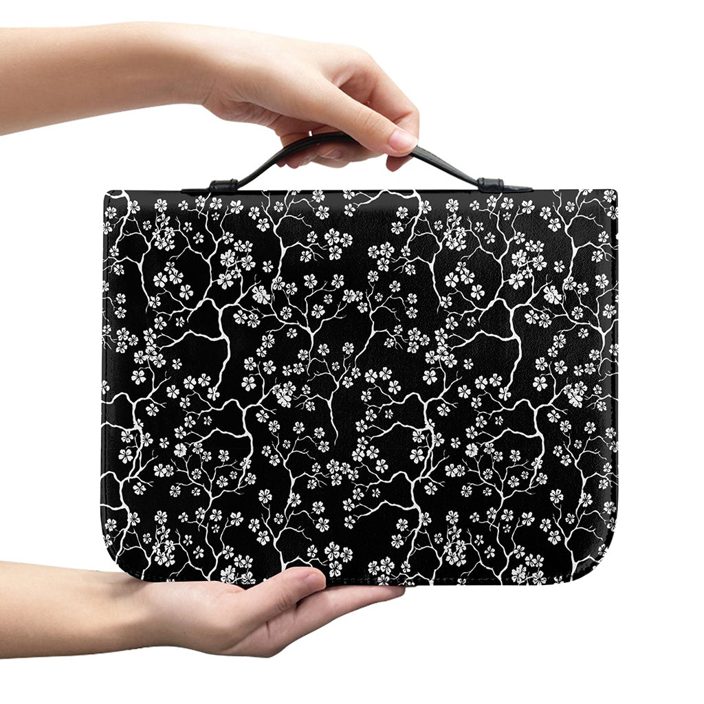Black And White Cherry Blossom Print Leather Bible Cover
