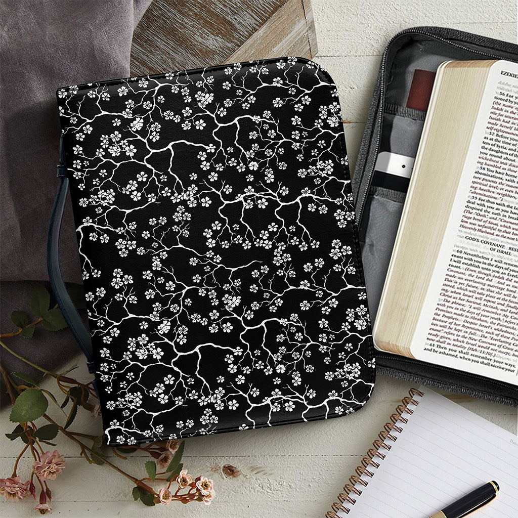 Black And White Cherry Blossom Print Leather Bible Cover