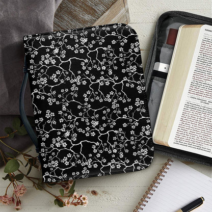 Black And White Cherry Blossom Print Leather Bible Cover