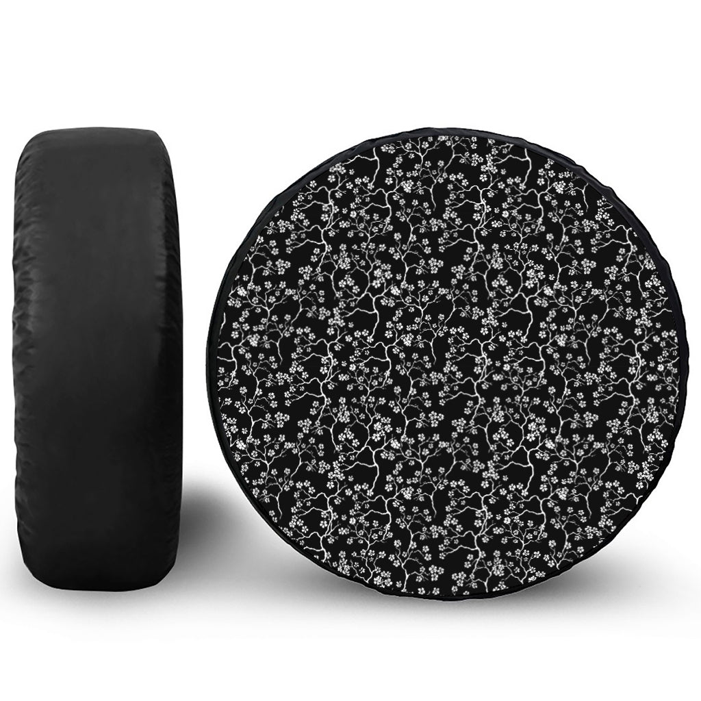 Black And White Cherry Blossom Print Leather Spare Tire Cover