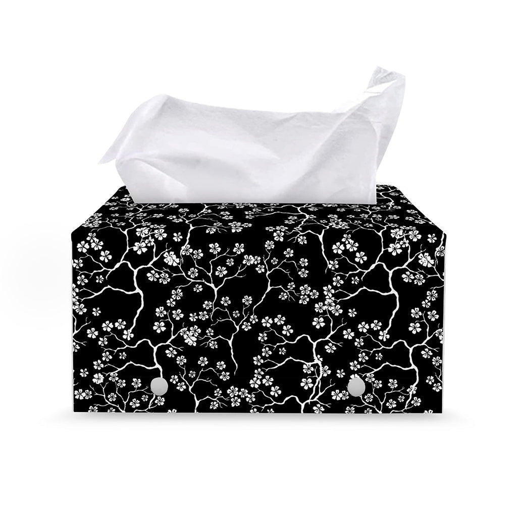 Black And White Cherry Blossom Print Leather Tissue Box Cover