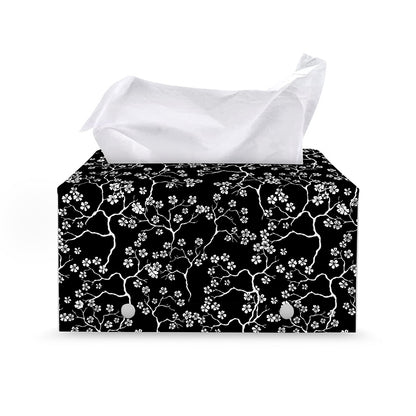 Black And White Cherry Blossom Print Leather Tissue Box Cover
