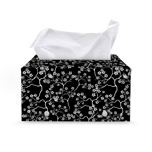 Black And White Cherry Blossom Print Leather Tissue Box Cover