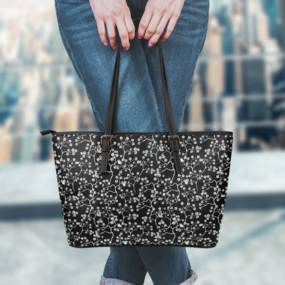 Black And White Cherry Blossom Print Leather Tote Bag
