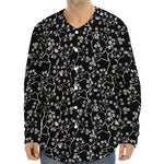 Black And White Cherry Blossom Print Long Sleeve Baseball Jersey