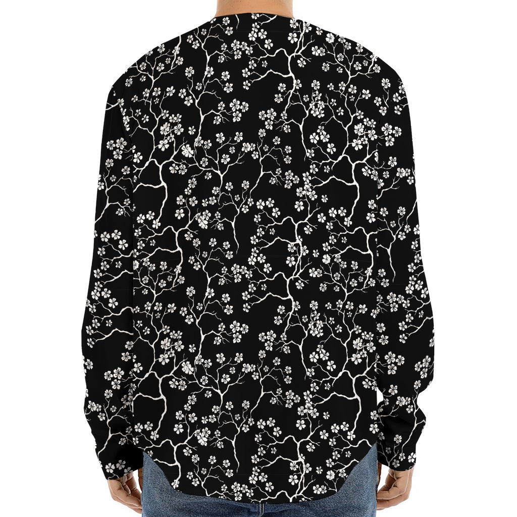 Black And White Cherry Blossom Print Long Sleeve Baseball Jersey