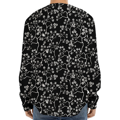 Black And White Cherry Blossom Print Long Sleeve Baseball Jersey
