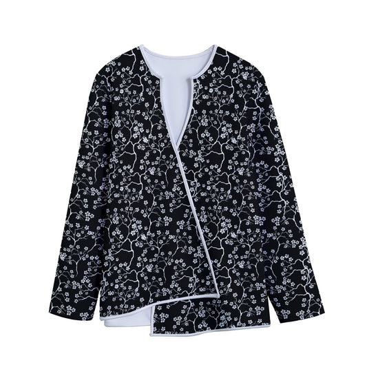 Black And White Cherry Blossom Print Long Sleeve Short Coat