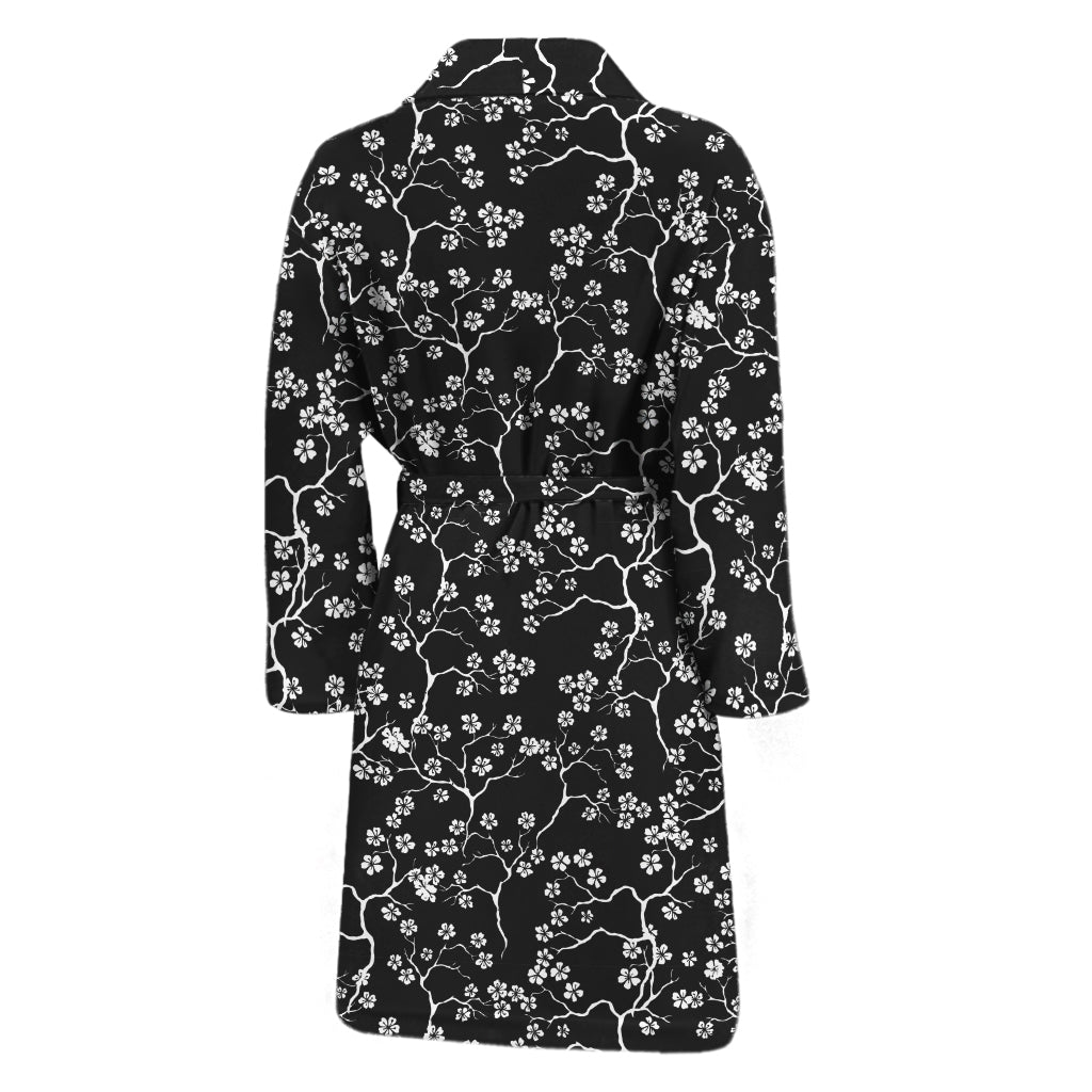 Black And White Cherry Blossom Print Men's Bathrobe