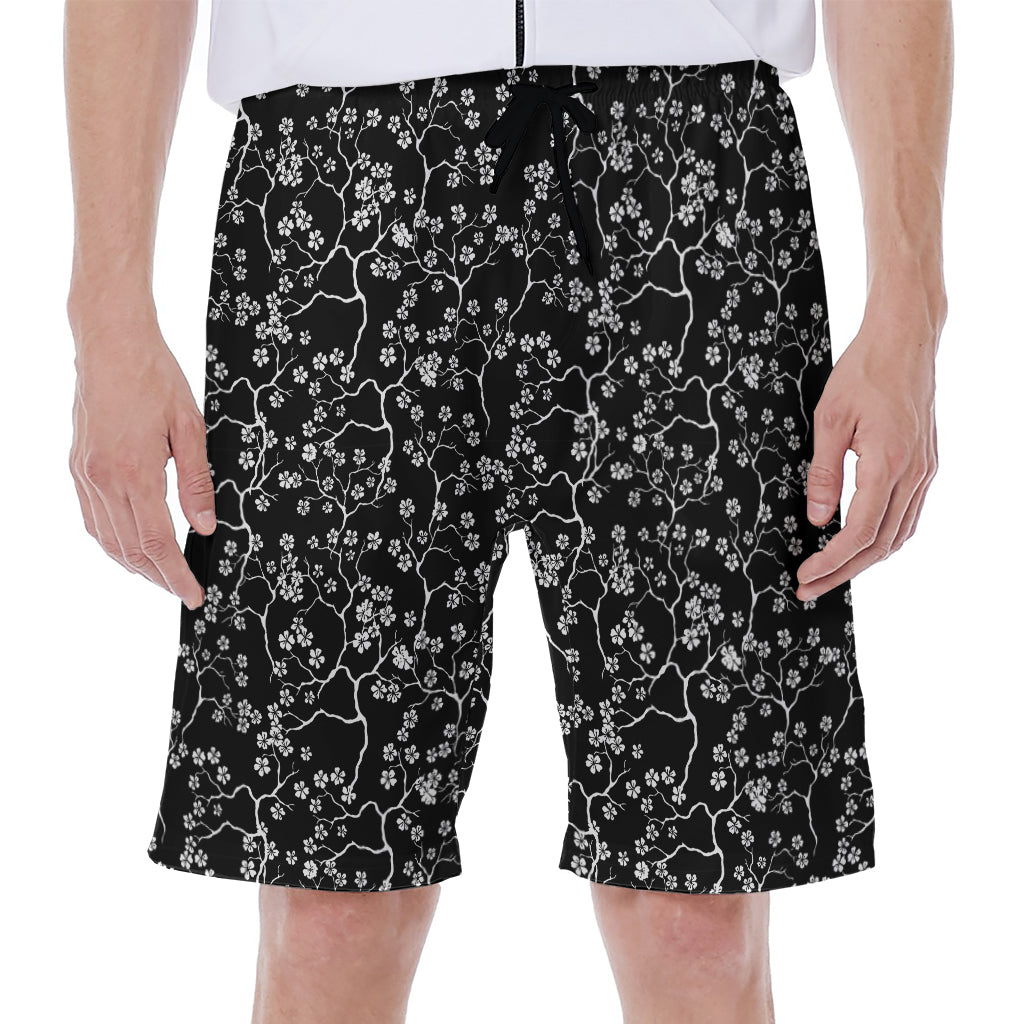 Black And White Cherry Blossom Print Men's Beach Shorts