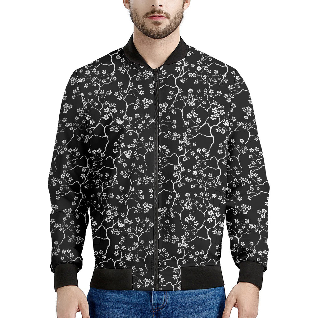 Black And White Cherry Blossom Print Men's Bomber Jacket